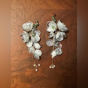 Anthropologie White Floral Earrings with Green Accents